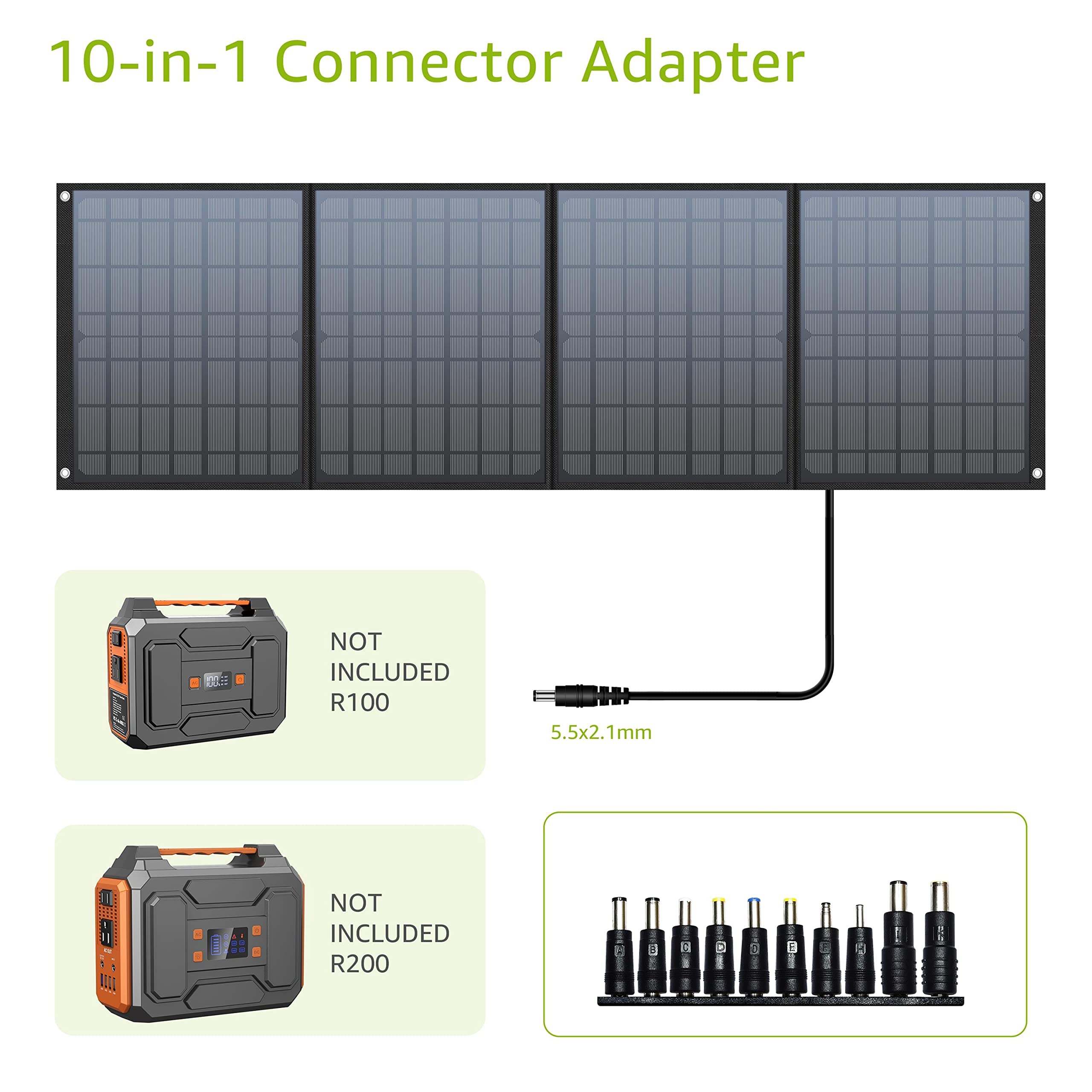 60W Portable Solar Panel with 18V DC Output, Foldable Solar Charger, Adjustable Kickstand,10 in 1 Connectors, DC to DC Cable, USB-C for Outdoor Camping RV Road Trip Adventure