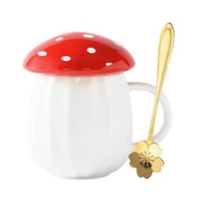 yalucky kawaii cute mushroom mug tea cup set mushroom stuff for milk glass coffee tea cup mug with lid gifts for girl women birthday christmas home decor (red)