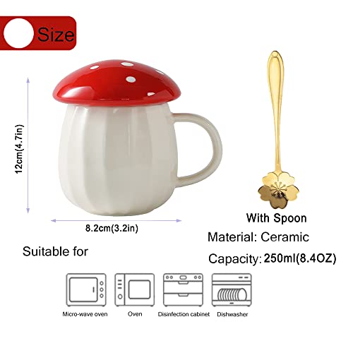 Yalucky Kawaii Cute Mushroom Mug Tea Cup Set Mushroom Stuff for Milk Glass Coffee Tea Cup Mug With Lid Gifts for Girl Women Birthday Christmas Home Decor (Red)