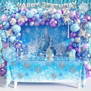 frozen birthday party supplies winter decoration pack 117 pcs wonderland snowflake princess party decors for girls (backdrop, tablecloth, banner, foil balloons, balloons garland)