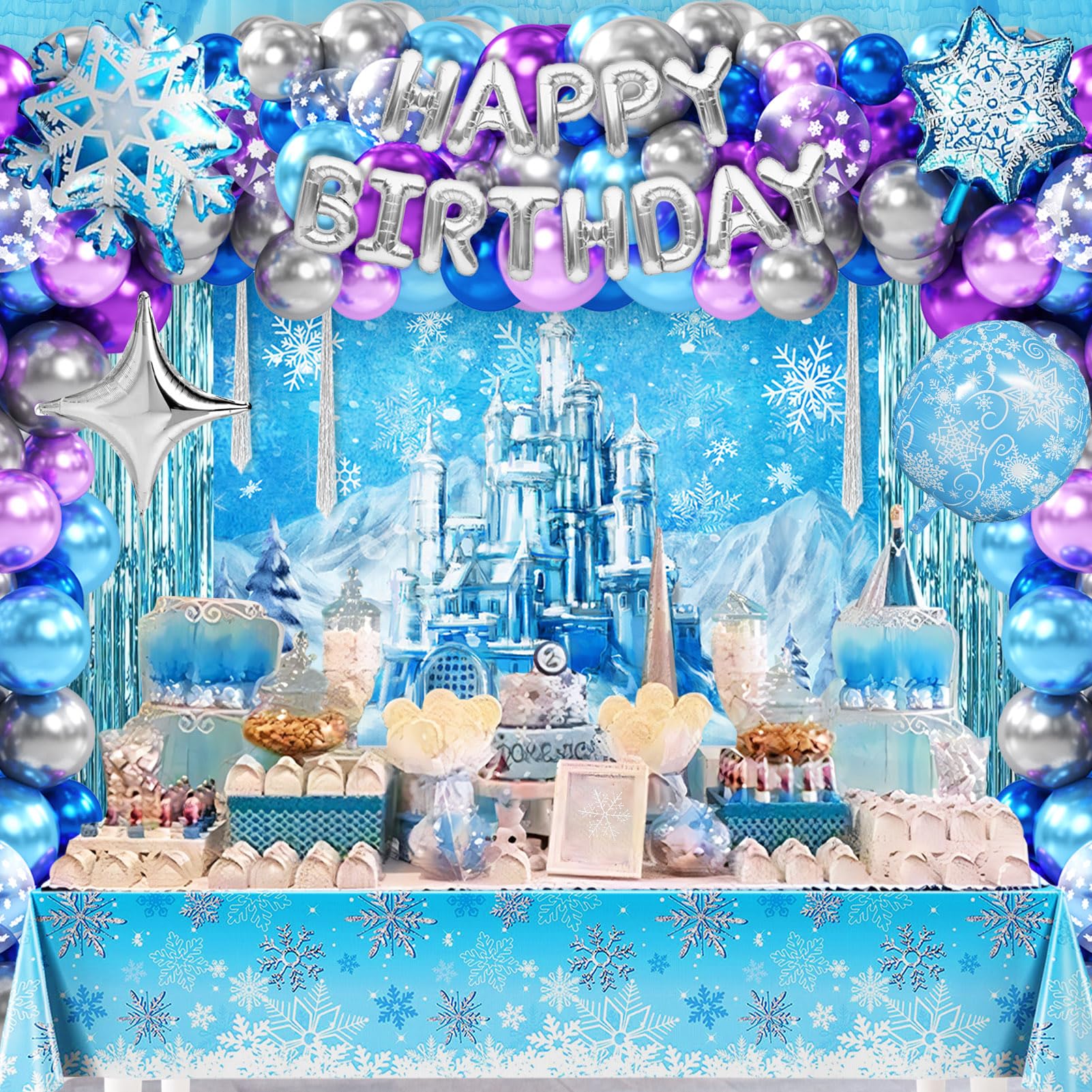 Frozen Birthday Party Supplies Winter Decoration Pack 117 Pcs Wonderland Snowflake Princess Party Decors for Girls (Backdrop, Tablecloth, Banner, Foil Balloons, Balloons Garland)