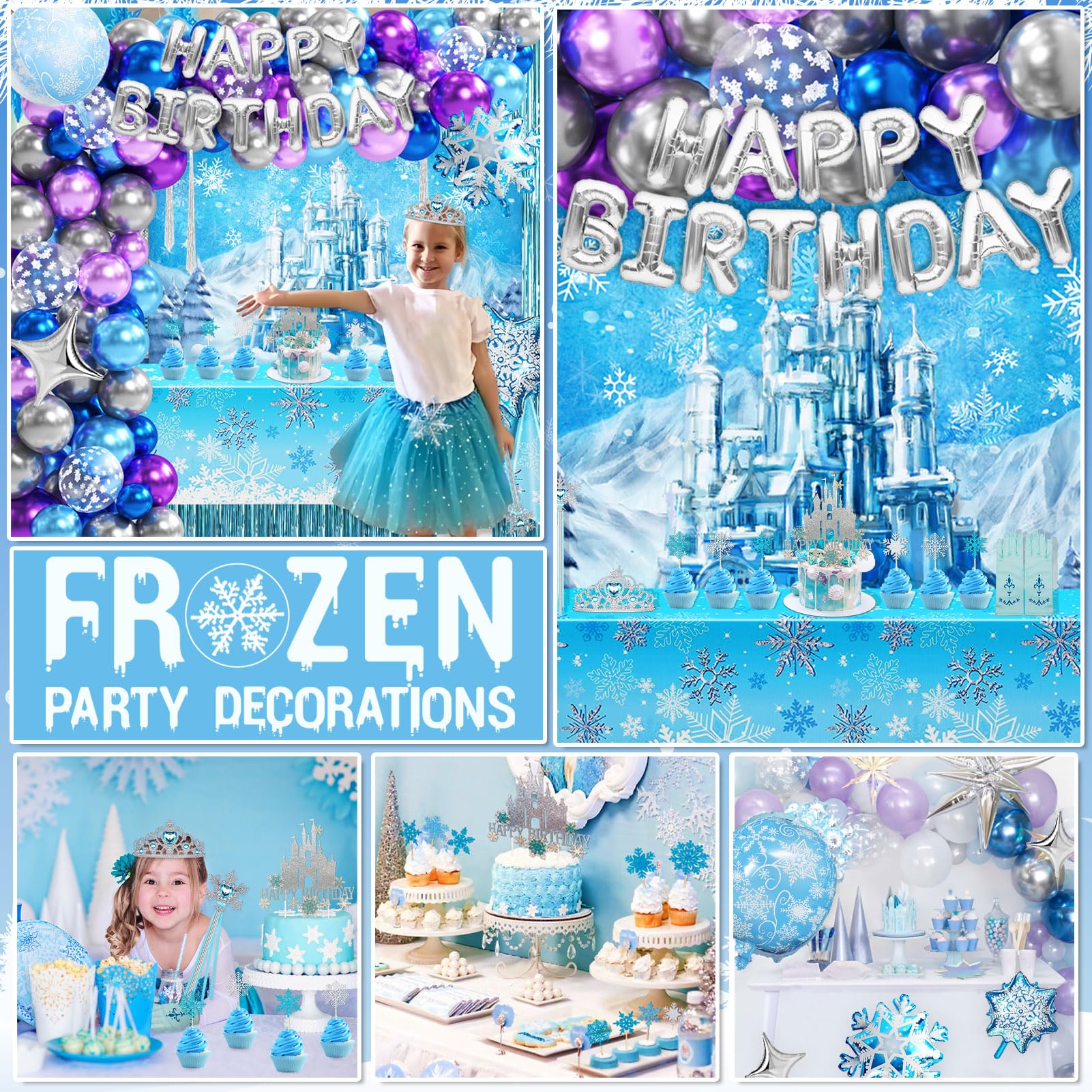 Frozen Birthday Party Supplies Winter Decoration Pack 117 Pcs Wonderland Snowflake Princess Party Decors for Girls (Backdrop, Tablecloth, Banner, Foil Balloons, Balloons Garland)