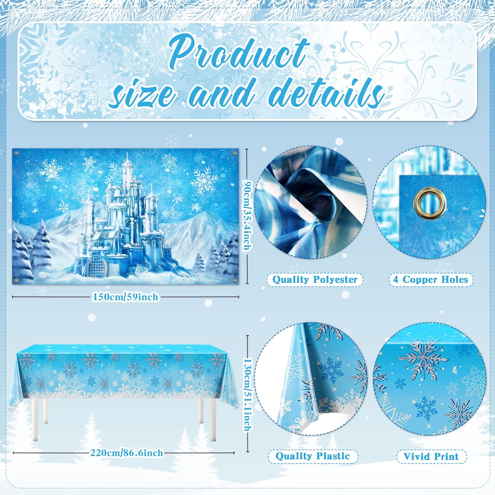 Frozen Birthday Party Supplies Winter Decoration Pack 117 Pcs Wonderland Snowflake Princess Party Decors for Girls (Backdrop, Tablecloth, Banner, Foil Balloons, Balloons Garland)