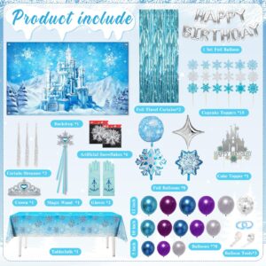 Frozen Birthday Party Supplies Winter Decoration Pack 117 Pcs Wonderland Snowflake Princess Party Decors for Girls (Backdrop, Tablecloth, Banner, Foil Balloons, Balloons Garland)