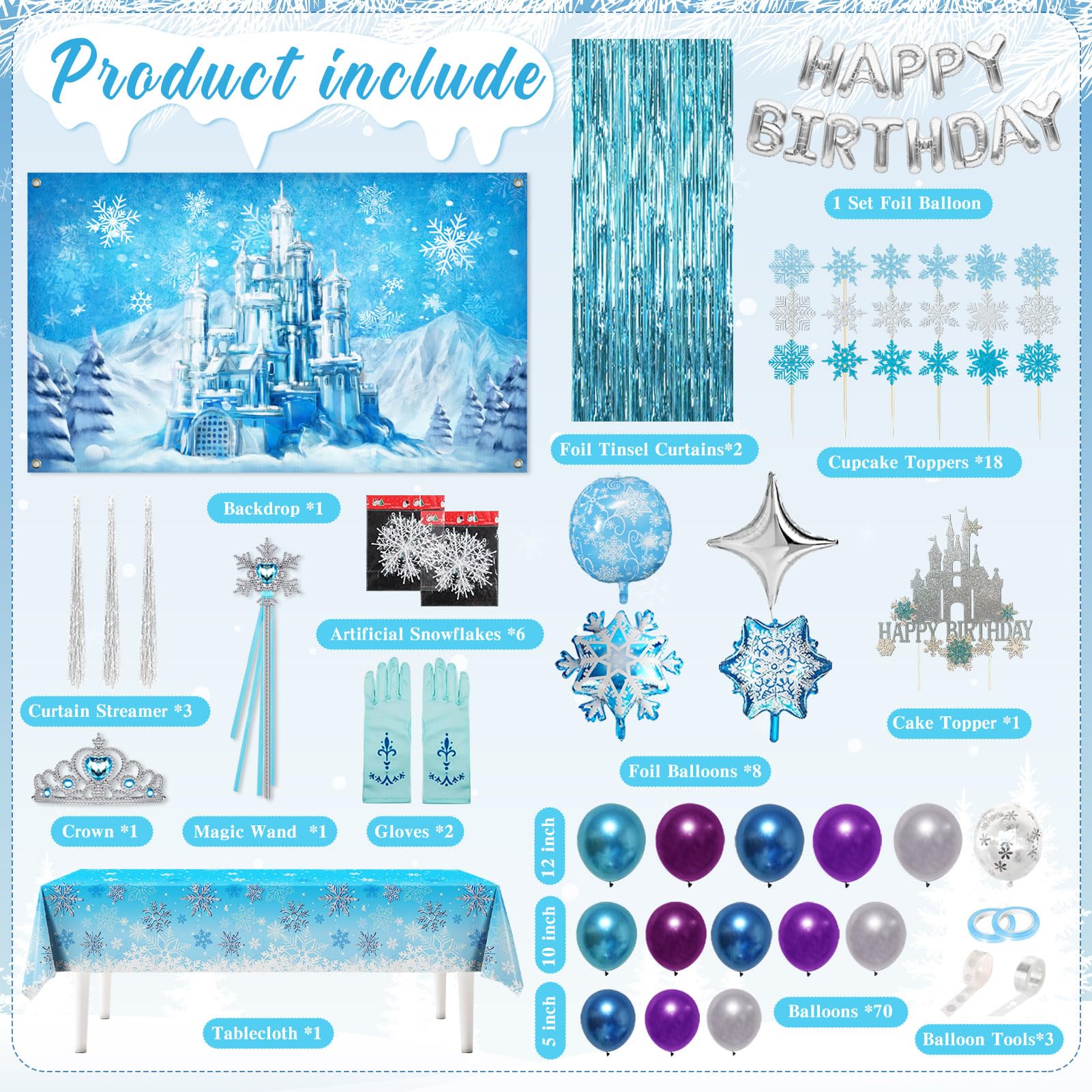 Frozen Birthday Party Supplies Winter Decoration Pack 117 Pcs Wonderland Snowflake Princess Party Decors for Girls (Backdrop, Tablecloth, Banner, Foil Balloons, Balloons Garland)