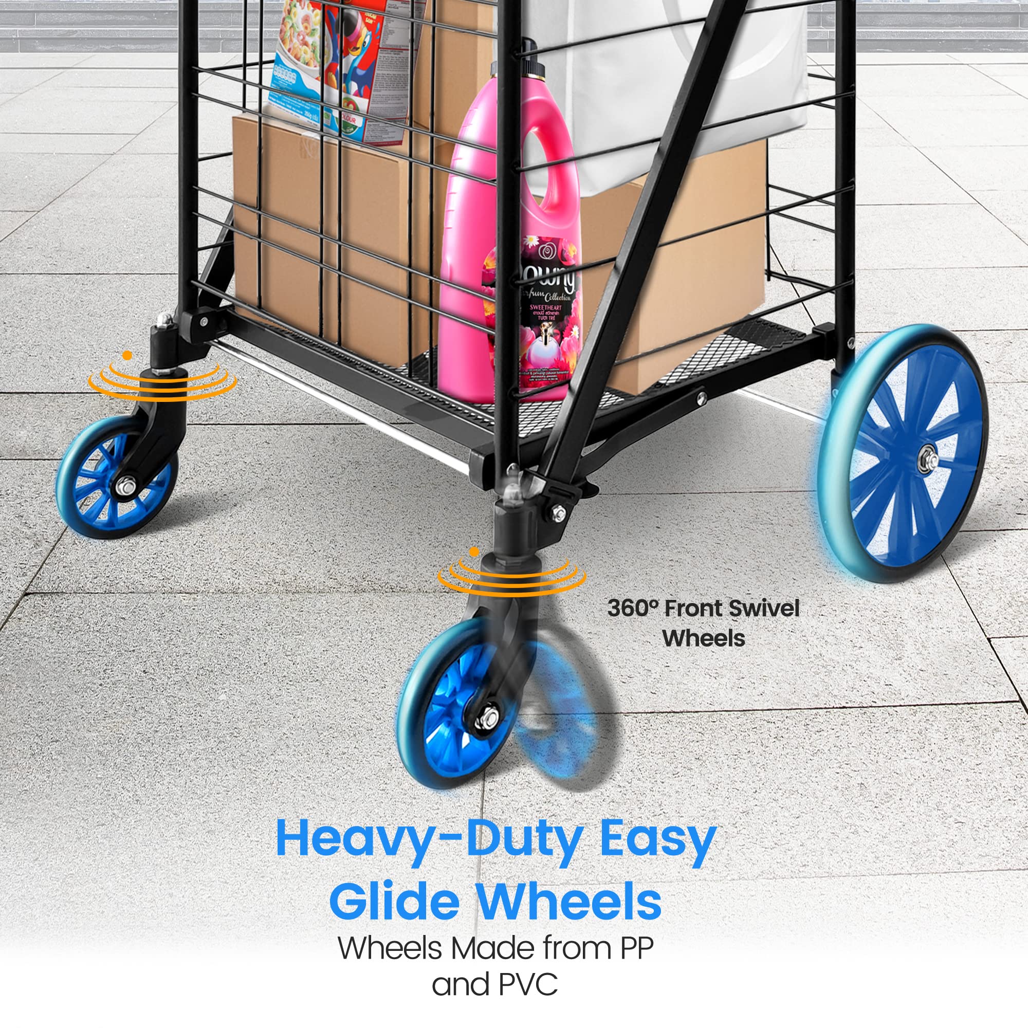 SereneLife Shopping Supermarket Cart with 360 Rolling Swivel Wheels, Collapsible Design, Double Basket Compartment, Heavy Duty Shopping Cart, Utility Cart for Grocery, Laundry, Luggage, Blue: