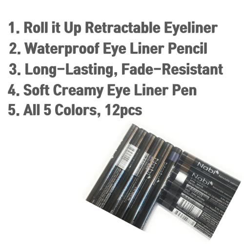 12pcs, 5 Colors, Nabi Retractable Waterproof Eye Liner, Roll It Up Eye Liner Pencil, Long Lasting Fade Resistant (Black, Dark Brown, Brown, Navy Blue, White)