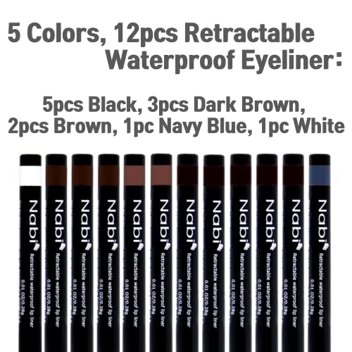 12pcs, 5 Colors, Nabi Retractable Waterproof Eye Liner, Roll It Up Eye Liner Pencil, Long Lasting Fade Resistant (Black, Dark Brown, Brown, Navy Blue, White)