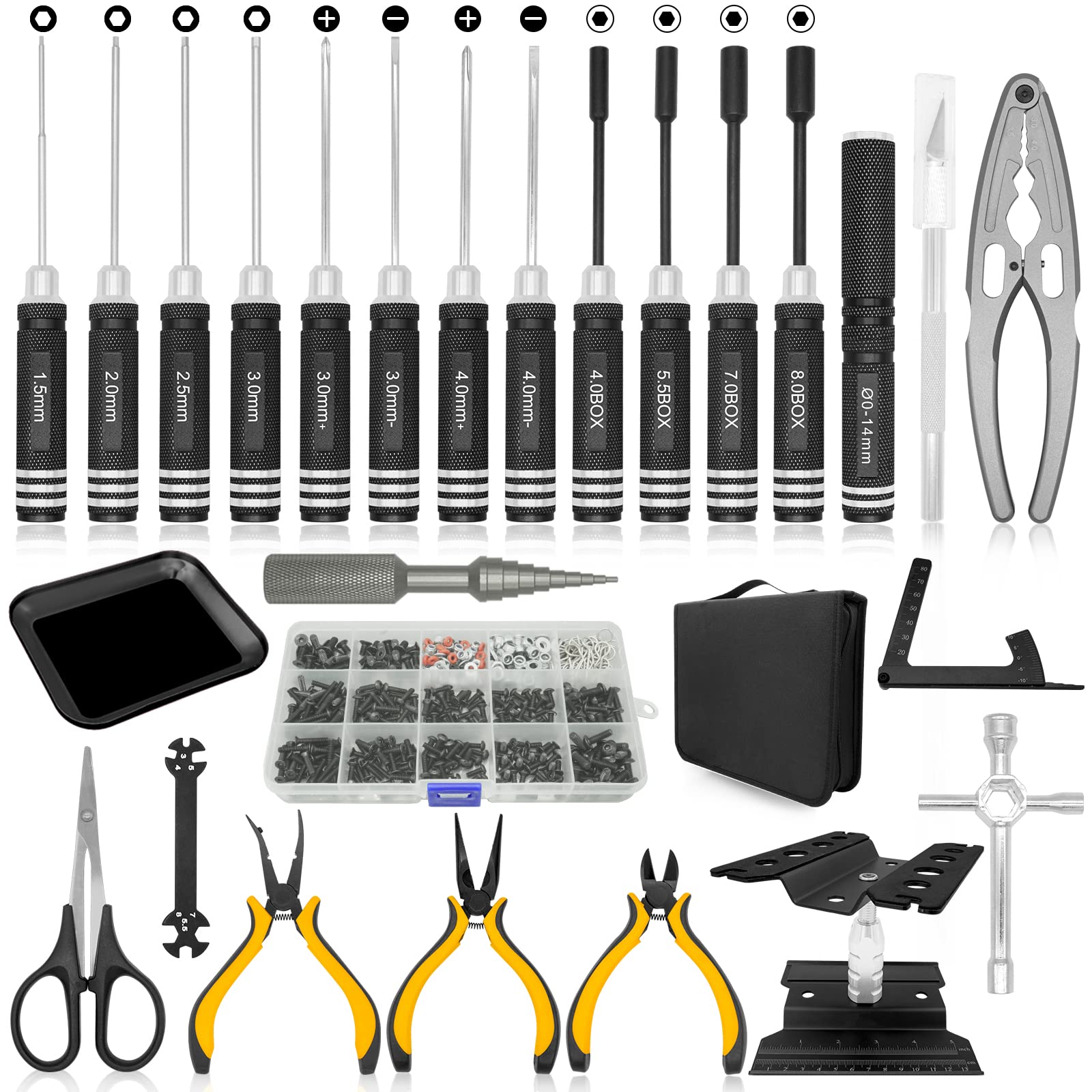 OGRC Tool Kit - Screwdriver Set (Flat, Phillips, Hex) RC Work Stand, 522PCS Screw Kit, Pliers Set, Body Reamer, Wrench, Tray, Repair Tools for RC Car Boat Quadcopter Helicopter – 26pcs (Black)