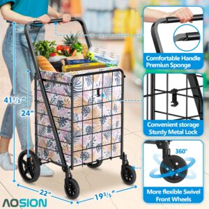 AOSION Folding Shopping Carts for Groceries,220lb,Grocery Cart with 360° Rolling Swivel Wheels, Collapsible Rolling cart,Portable Utility Cart with Shopping Liner for Laundry Luggage Office