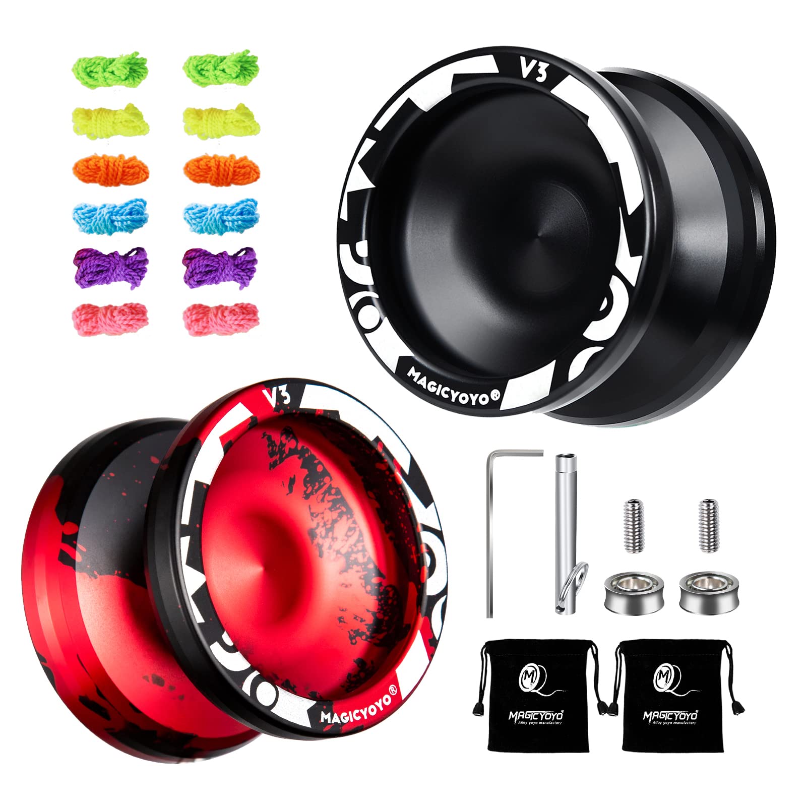 MAGICYOYO V3 Responsive Yoyo Pack of 2, Professional Metal Yoyo for Beginner, Dual Purpose Alloy Yoyo with KK Bearings + Removal Bearing Tool + Axle + 2 Bags + 12 Yoyo Strings