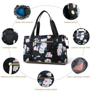 Travel Duffle Bag, Sports Tote Gym Bag, Weekender Bag, Expandable Waterproof Carry on Bag with Trolley Sleeve Wet Pocket Overnight Bags for Women - Black