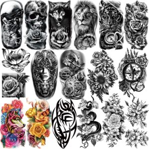 yazhiji 77sheets waterproof temporary tattoo for girls or boys kids 17sheets larger half arm wolf tiger lion fake tattoos for men or women and 60 sheets tiny flower snake rose sunflower tattoo sticker