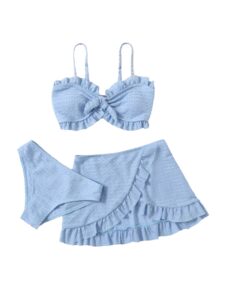 shenhe girl's 3 piece cute high waisted ruffle trim swimsuit bikini sets with beach skirt light blue 10y