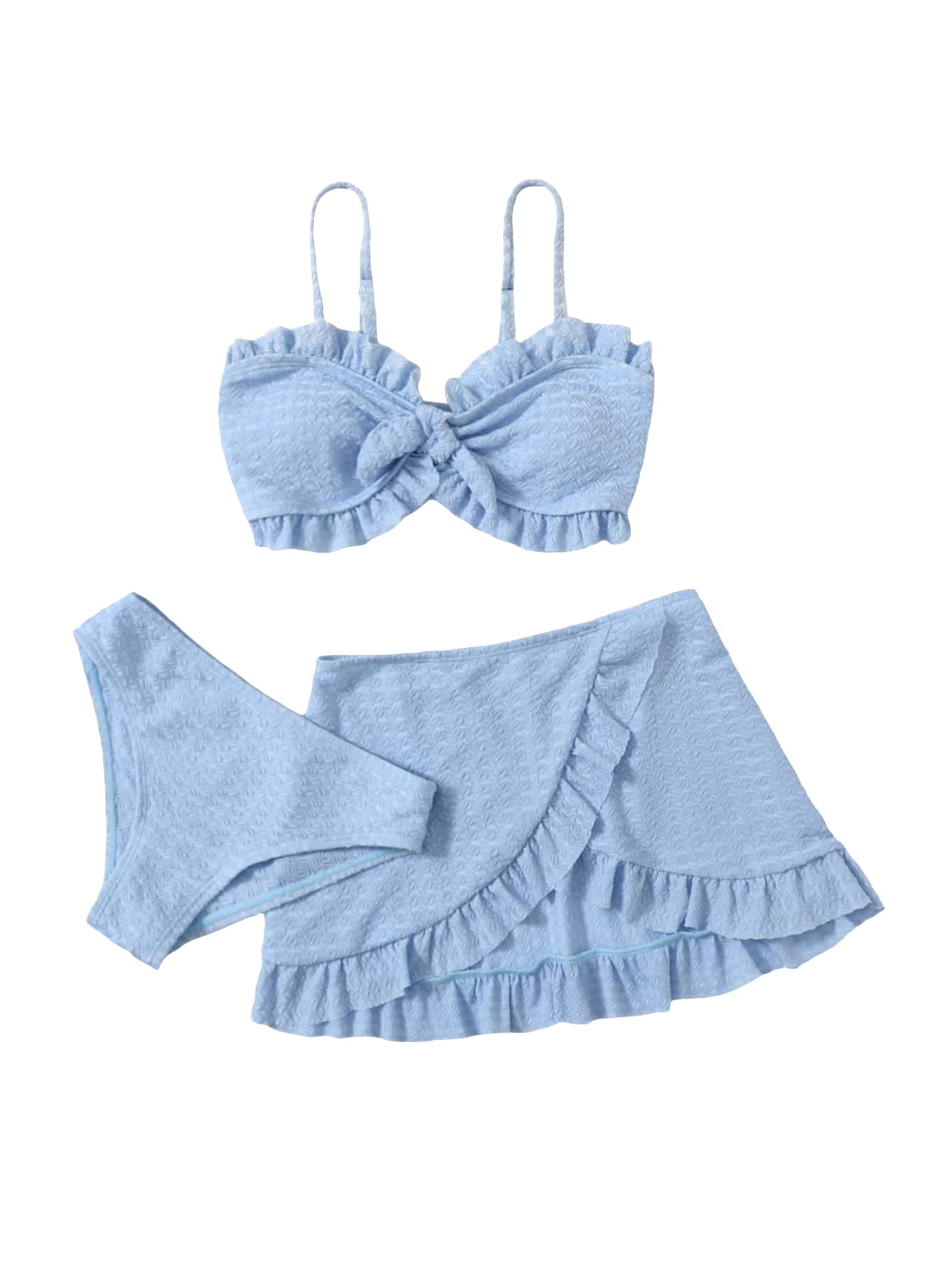 SHENHE Girl's 3 Piece Cute High Waisted Ruffle Trim Swimsuit Bikini Sets with Beach Skirt Light Blue 10Y