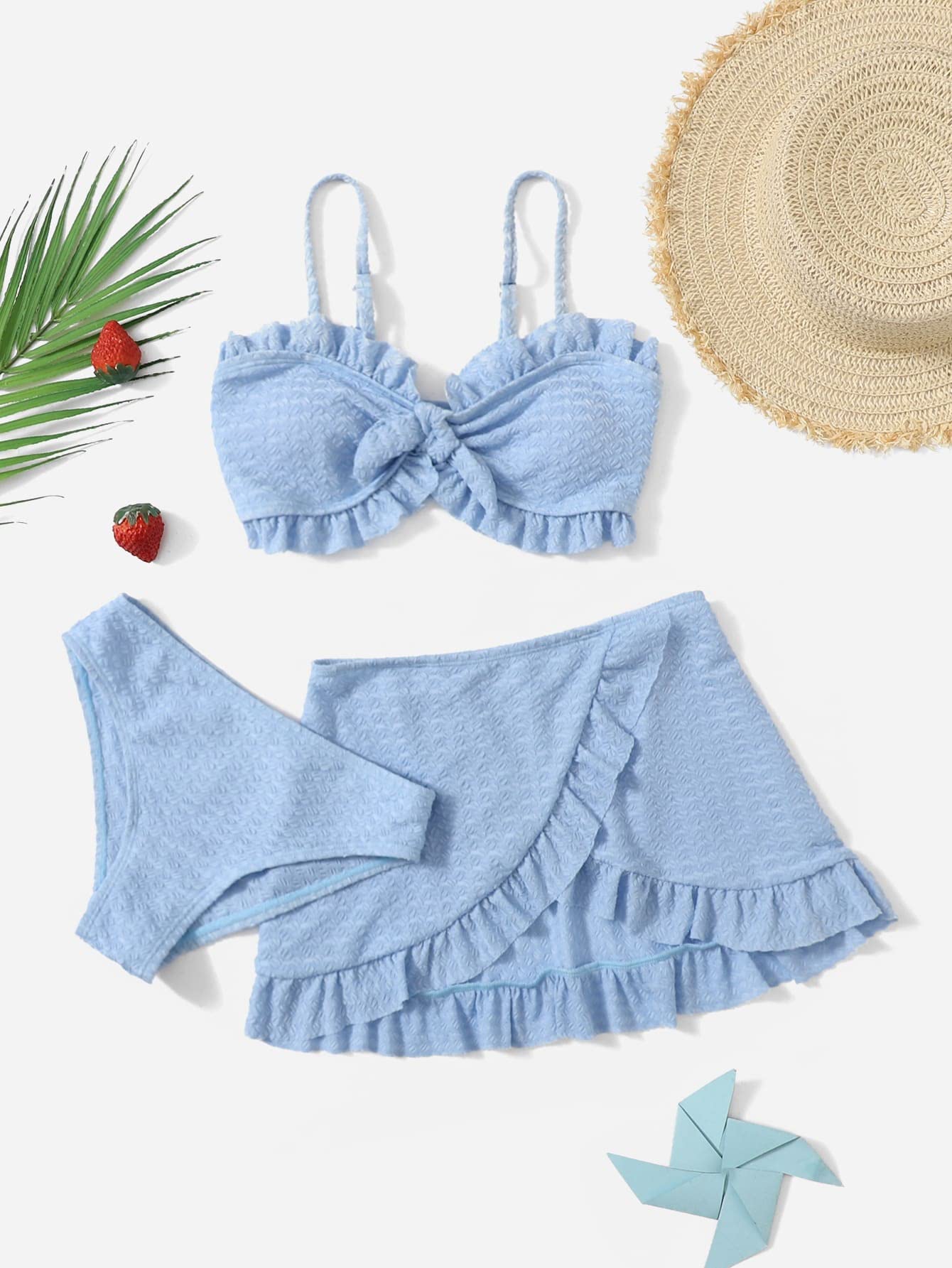 SHENHE Girl's 3 Piece Cute High Waisted Ruffle Trim Swimsuit Bikini Sets with Beach Skirt Light Blue 10Y