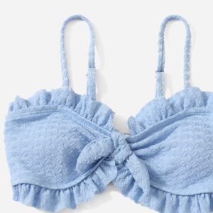 SHENHE Girl's 3 Piece Cute High Waisted Ruffle Trim Swimsuit Bikini Sets with Beach Skirt Light Blue 10Y