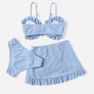 SHENHE Girl's 3 Piece Cute High Waisted Ruffle Trim Swimsuit Bikini Sets with Beach Skirt Light Blue 10Y