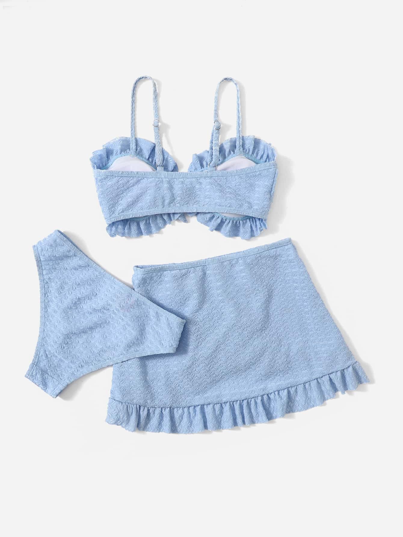 SHENHE Girl's 3 Piece Cute High Waisted Ruffle Trim Swimsuit Bikini Sets with Beach Skirt Light Blue 10Y