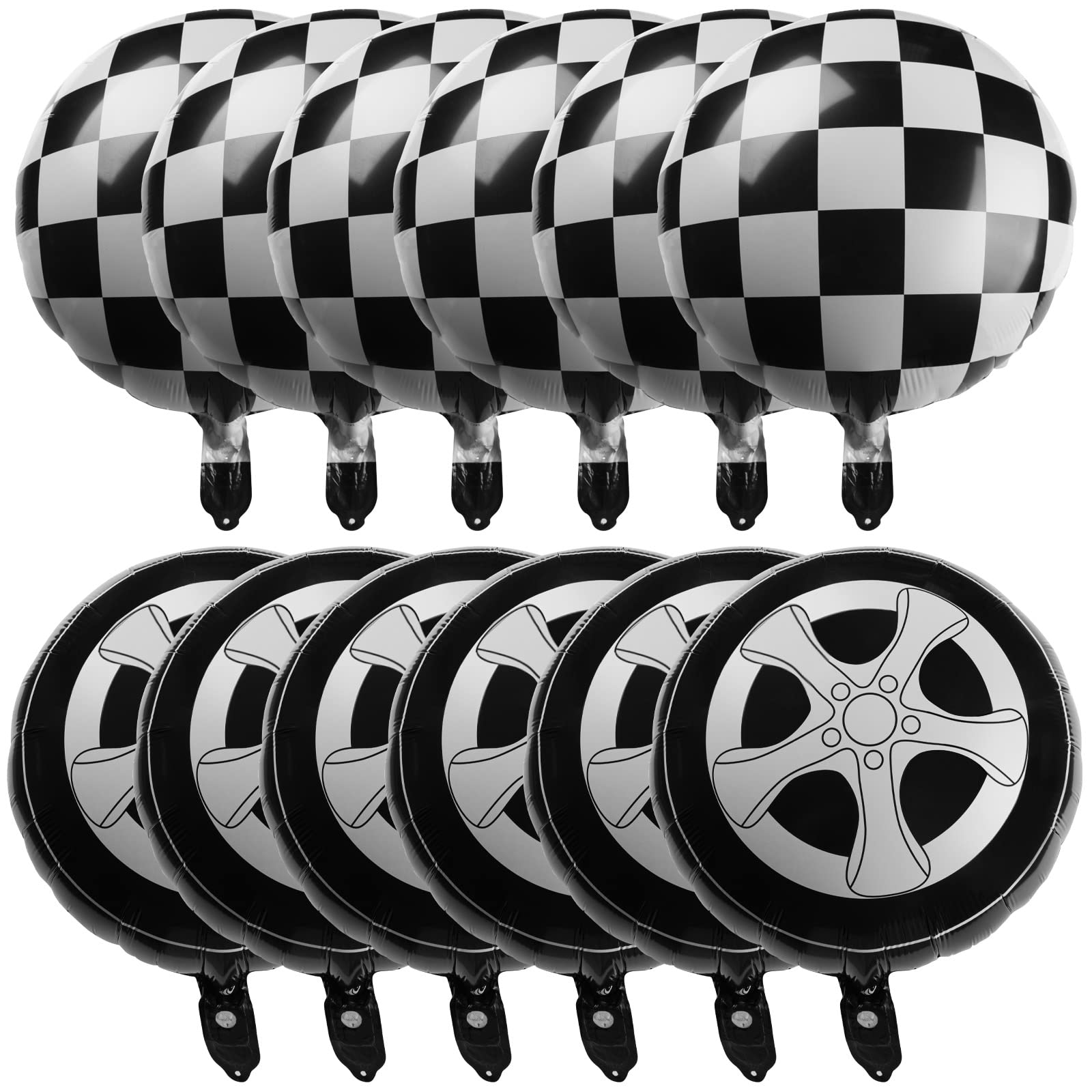 12 Pcs Tire Balloons Black and White Checkered Balloons, 18 Inch Race Car Balloons Wheel Foil Balloons for Baby Shower Gender Reveal Racing Theme Birthday Party Decoration Hot Wheels Party Supplies