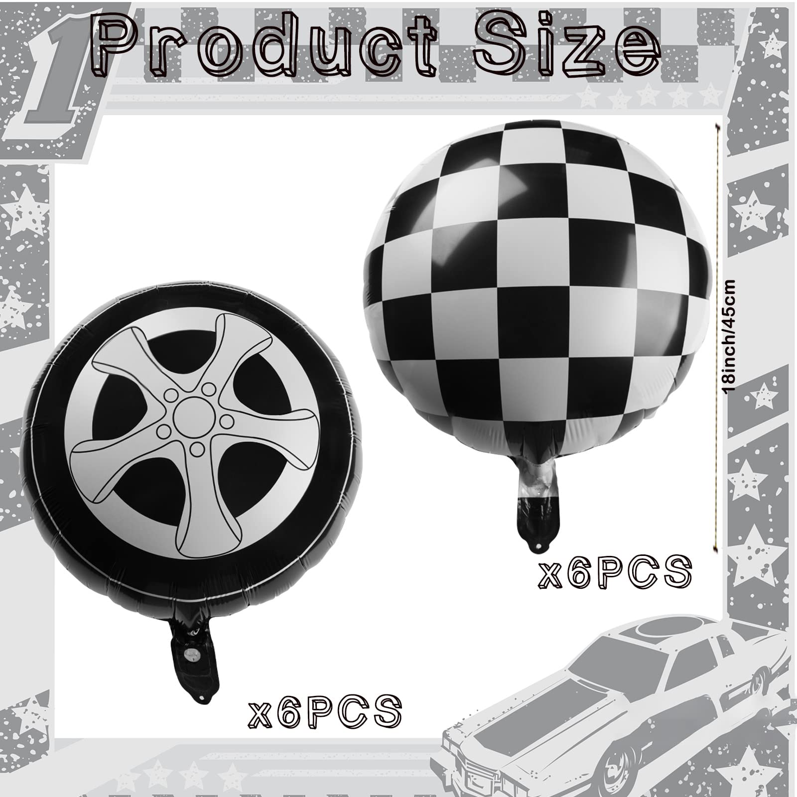 12 Pcs Tire Balloons Black and White Checkered Balloons, 18 Inch Race Car Balloons Wheel Foil Balloons for Baby Shower Gender Reveal Racing Theme Birthday Party Decoration Hot Wheels Party Supplies