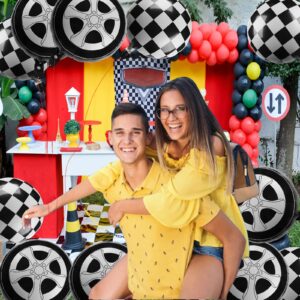 12 Pcs Tire Balloons Black and White Checkered Balloons, 18 Inch Race Car Balloons Wheel Foil Balloons for Baby Shower Gender Reveal Racing Theme Birthday Party Decoration Hot Wheels Party Supplies