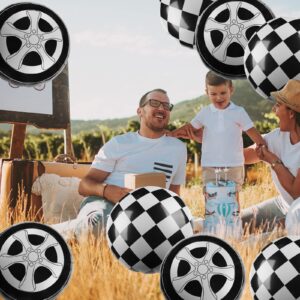 12 Pcs Tire Balloons Black and White Checkered Balloons, 18 Inch Race Car Balloons Wheel Foil Balloons for Baby Shower Gender Reveal Racing Theme Birthday Party Decoration Hot Wheels Party Supplies