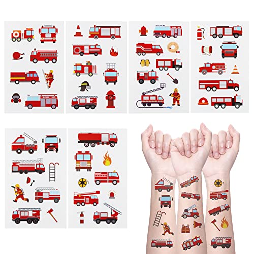 24 Sheets Fire Truck Temporary Tattoos, Birthday Decorations Firetruck Firefighter Party Favors