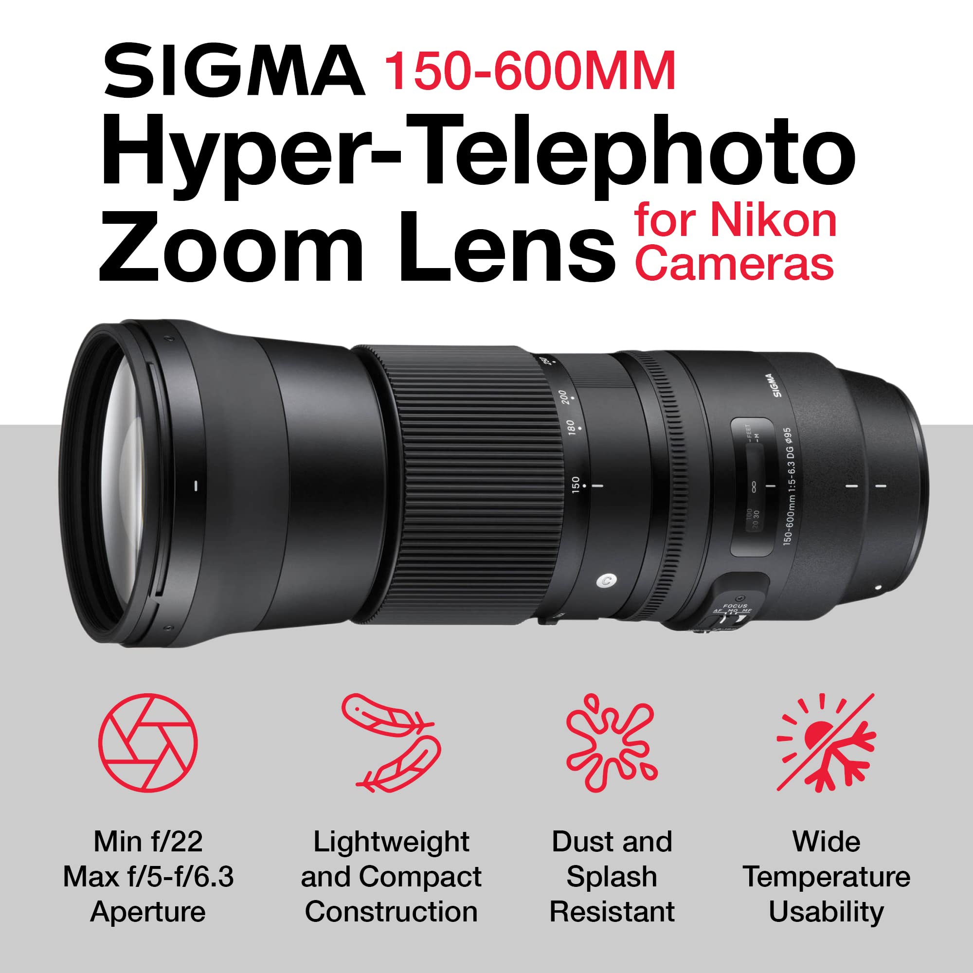 Sigma 150-600mm Nikon Telephoto Lens F/5-6.3 DG OS HSM Bundle with Sigma Lens 150-600 mm, Front and Rear Caps, Lens Hood, Lens Case, 2X 64GB SanDisk Memory Cards (7 Items) - DSLR Nikon Camera Lenses