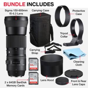 Sigma 150-600mm Nikon Telephoto Lens F/5-6.3 DG OS HSM Bundle with Sigma Lens 150-600 mm, Front and Rear Caps, Lens Hood, Lens Case, 2X 64GB SanDisk Memory Cards (7 Items) - DSLR Nikon Camera Lenses