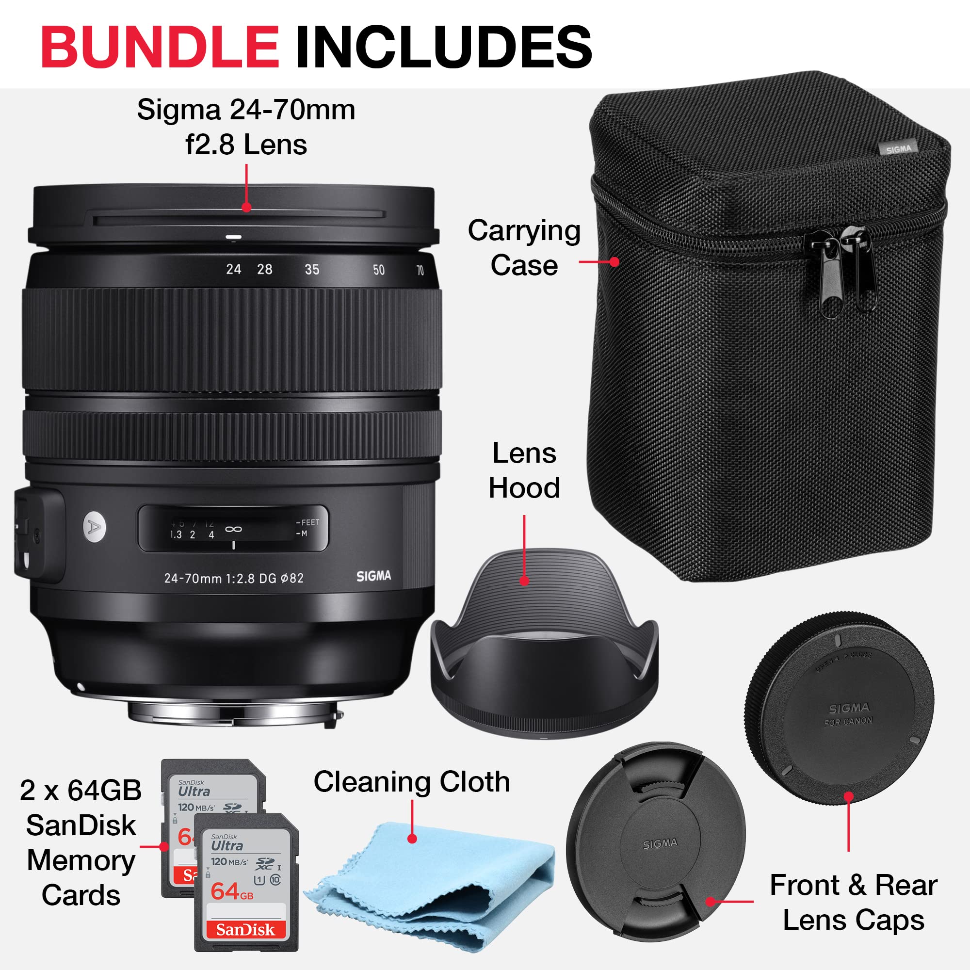 Sigma 24-70mm F2.8 Art for Canon Camera Bundle with Canon 24-70mm f2.8 Sigma Lens, Lens Front and Rear Caps, Lens Hood, Lens Case, 2X 64GB SanDisk Memory Cards (7 Items) - Sigma 24-70 24mm to 70mm