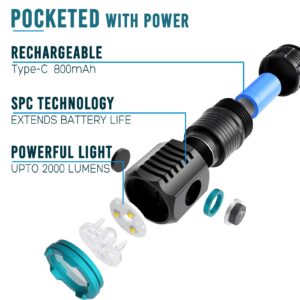 TsukiTac Mini Flashlight, 2000 Lumens, Rechargeable Compact LED Flashlight, Lightweight Pocket Sized EDC Flashlight for Camping, Hiking, Torch for Outdoor (Size-M)