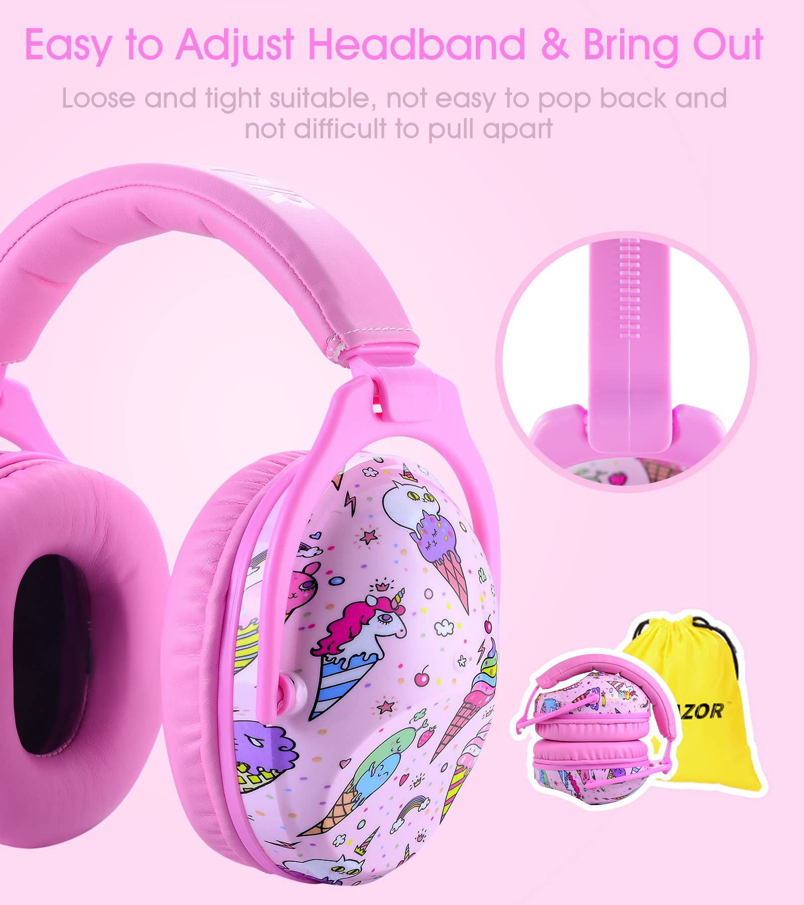 Hocazor HZ015 Kids Ear Protection-SNR 27dB Safety Earmuffs Durable Composite Material Hearing Protector Girls Noise Cancelling Headphones - Pink Ice Cream