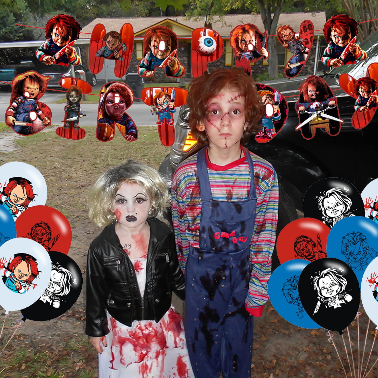 Chucky Party Decorations,Birthday Party Supplies For Horror Movie Character Chucky Party Supplies Includes Banner-Cake Topper-12 Cupcake Toppers - 20 Balloons