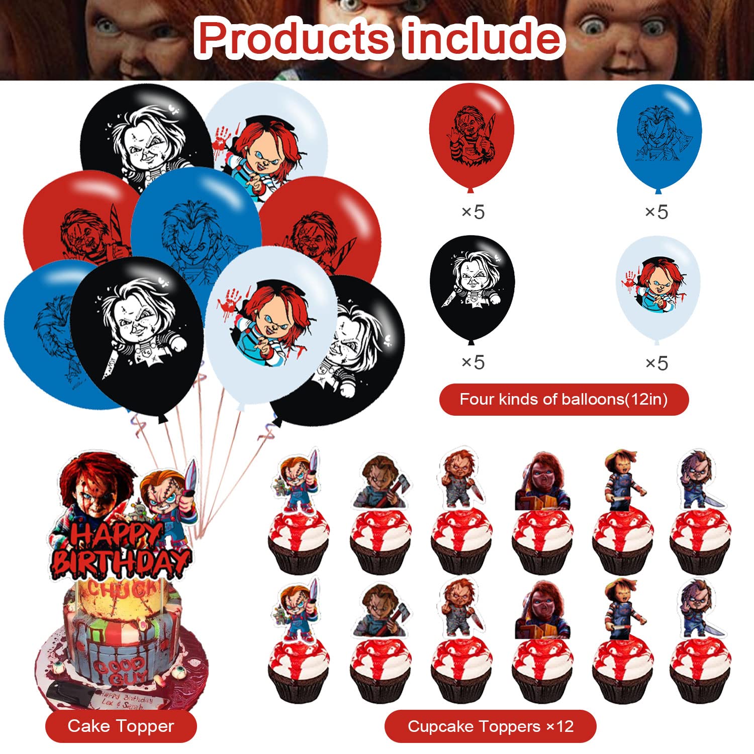 Chucky Party Decorations,Birthday Party Supplies For Horror Movie Character Chucky Party Supplies Includes Banner-Cake Topper-12 Cupcake Toppers - 20 Balloons