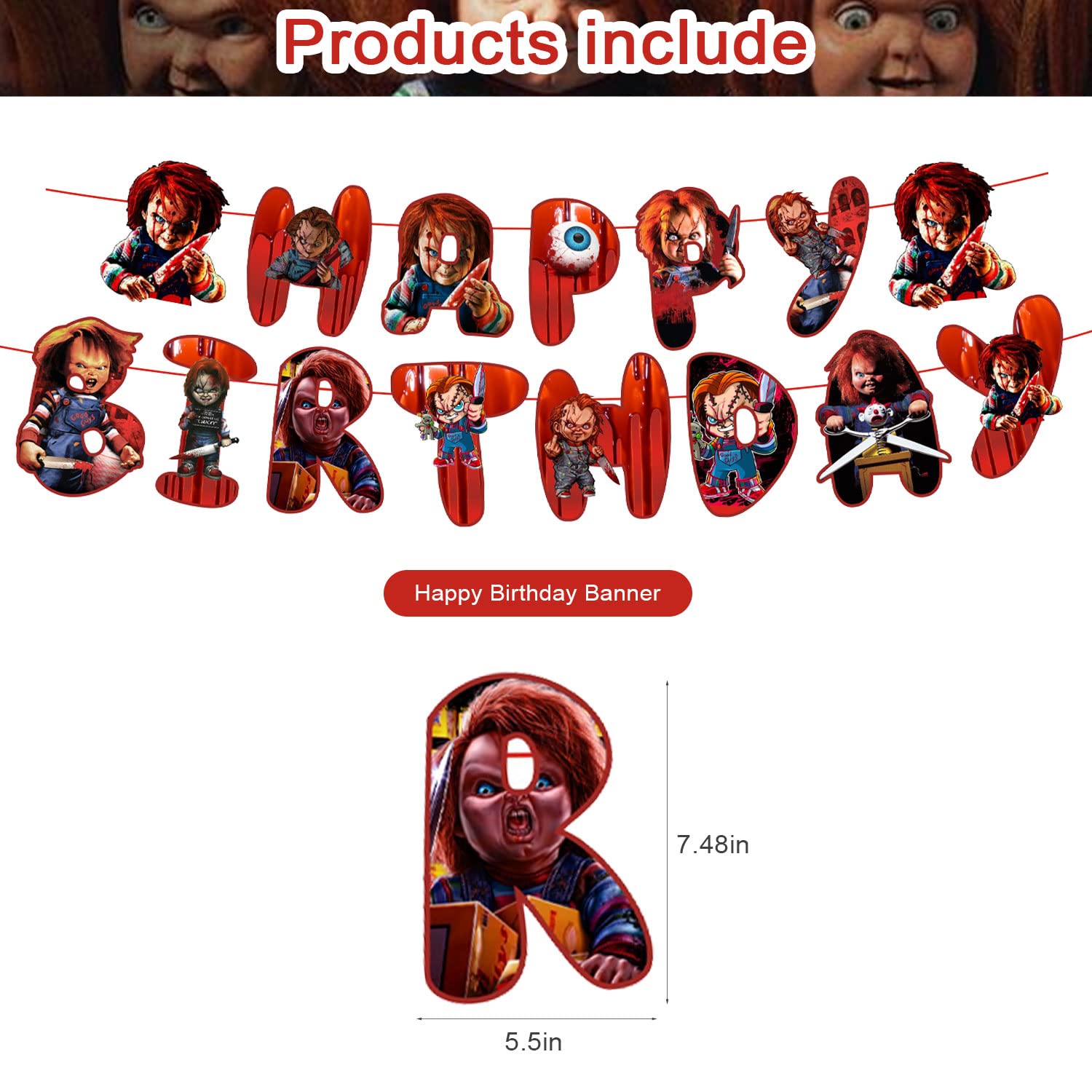 Chucky Party Decorations,Birthday Party Supplies For Horror Movie Character Chucky Party Supplies Includes Banner-Cake Topper-12 Cupcake Toppers - 20 Balloons