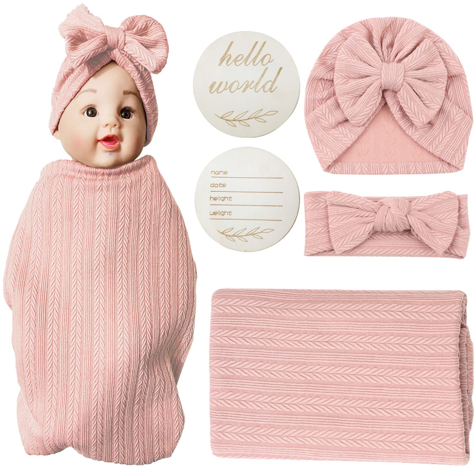 PEIPEIWU Baby Blankets, Security Blanket for Babies - Swaddle Adjustable Wearable Blanket, Newborn Accessories Set with Wooden Birth Announcement Card, Baby Blankets for Girls&Boys (Pink)