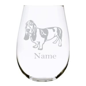 basset hound dog themed with name 17 oz. stemless wine glass