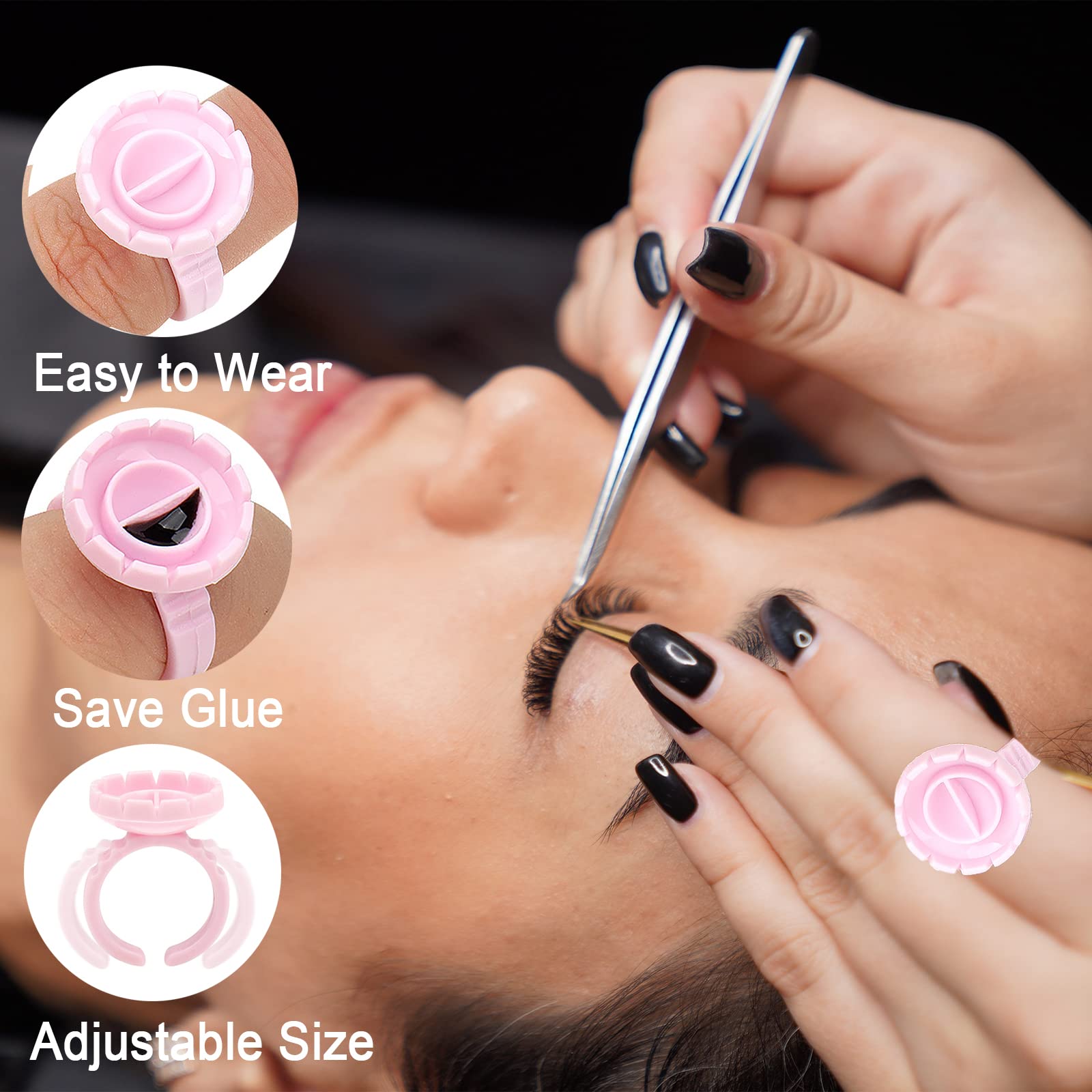 300PCS Glue Rings Lash Rings,Smart Glue Rings for Eyelash Extensions,Disposable Rings Glue Cups for False Eyelash Extension Supplies, Lovely Blooming Lash Eyelash Glue Holder Volume Lashes Fan,Pink