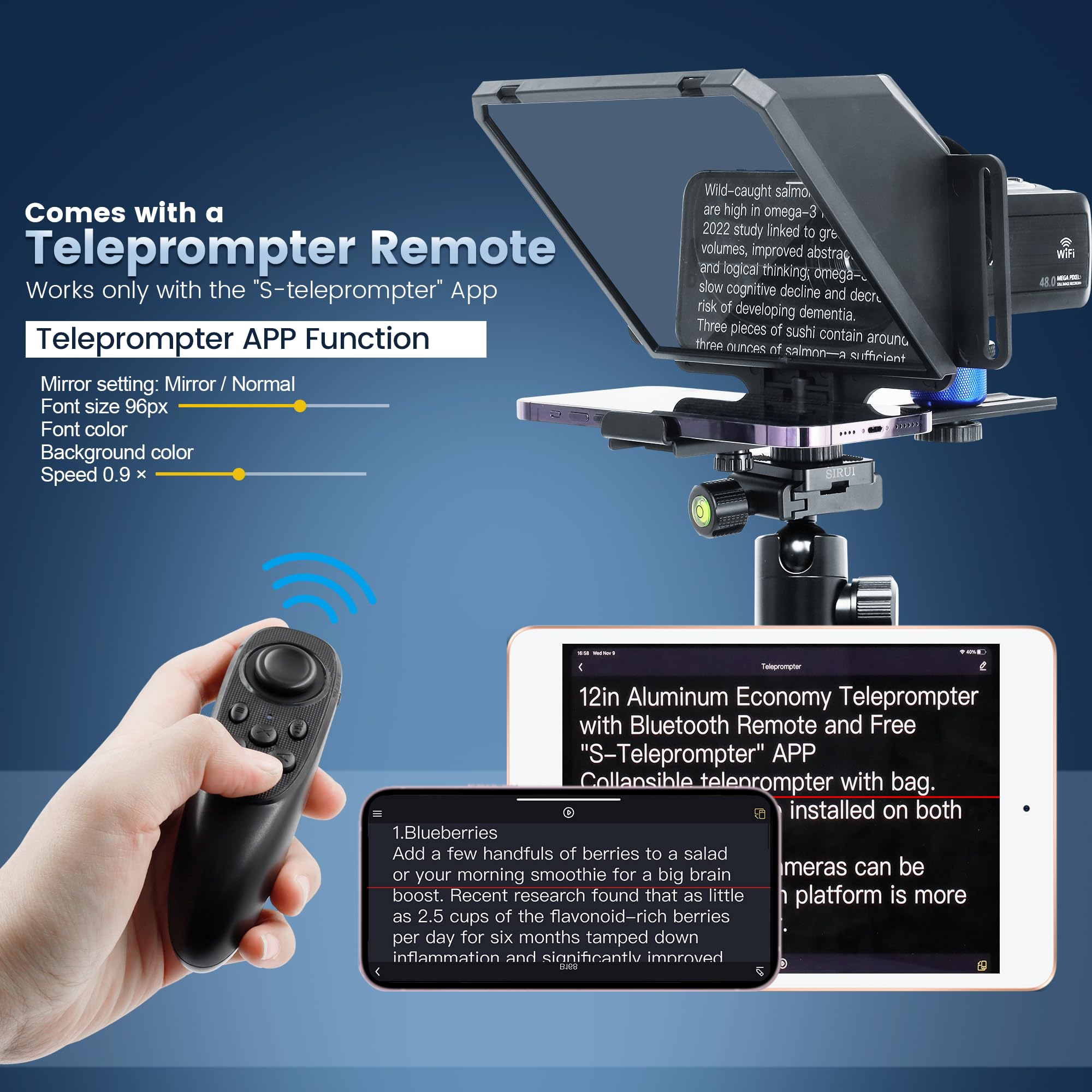 ILOKNZI 7.7 inch Phone Teleprompter Kit Bluetooth Remote Control and Tempered Optical Glass for Smartphone and Camera, iOS/Android Compatible S-Teleprompter App