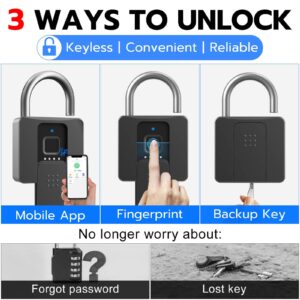 Anweller Fingerprint Padlock with Key Backup, Weatherproof Biometric Bluetooth APP Controlled Keyless Smart Electronic Combination Lock for Outdoor Fence Gate Pool Shed Gym Locker Yard Truck