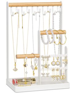 metwoods jewelry holder organizer with earring tray and 10 hooks, 4 tier necklace holder display for earrings watches bracelet rings (white)