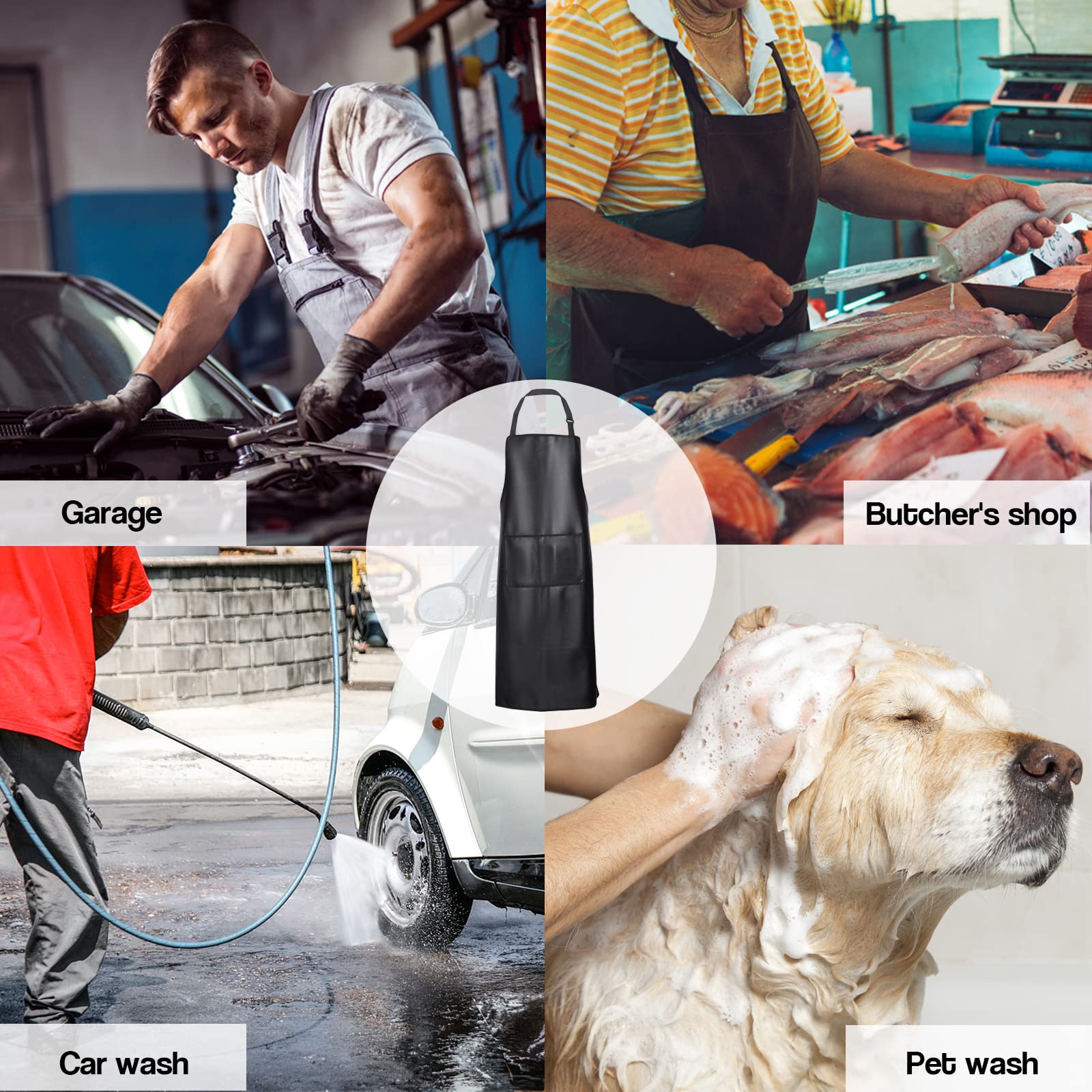 FunChaos Black Waterproof Apron, Heavy Duty Work Apron, Artificial Leather Apron Ideal for Chef, Butcher, Barber, DishWashing, Cleaning, Dog Grooming (Plus Size)