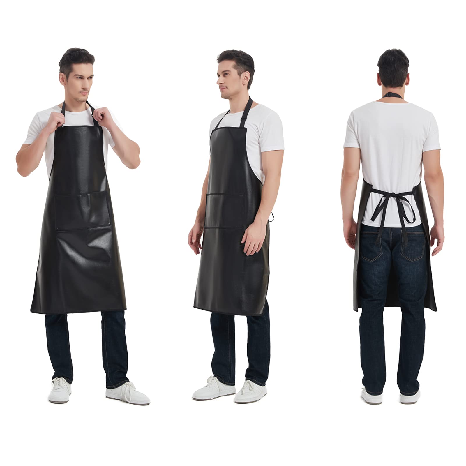 FunChaos Black Waterproof Apron, Heavy Duty Work Apron, Artificial Leather Apron Ideal for Chef, Butcher, Barber, DishWashing, Cleaning, Dog Grooming (Plus Size)