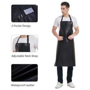 FunChaos Black Waterproof Apron, Heavy Duty Work Apron, Artificial Leather Apron Ideal for Chef, Butcher, Barber, DishWashing, Cleaning, Dog Grooming (Plus Size)