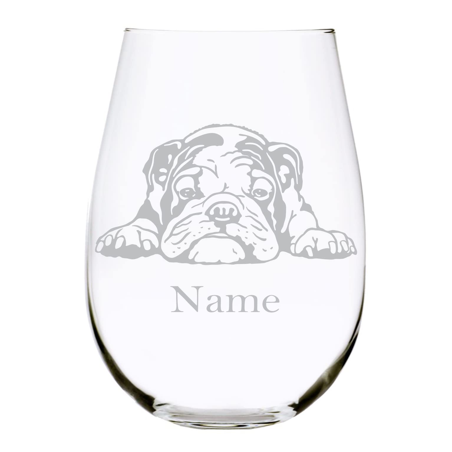 English Bulldog themed with name 17 oz. stemless wine glass