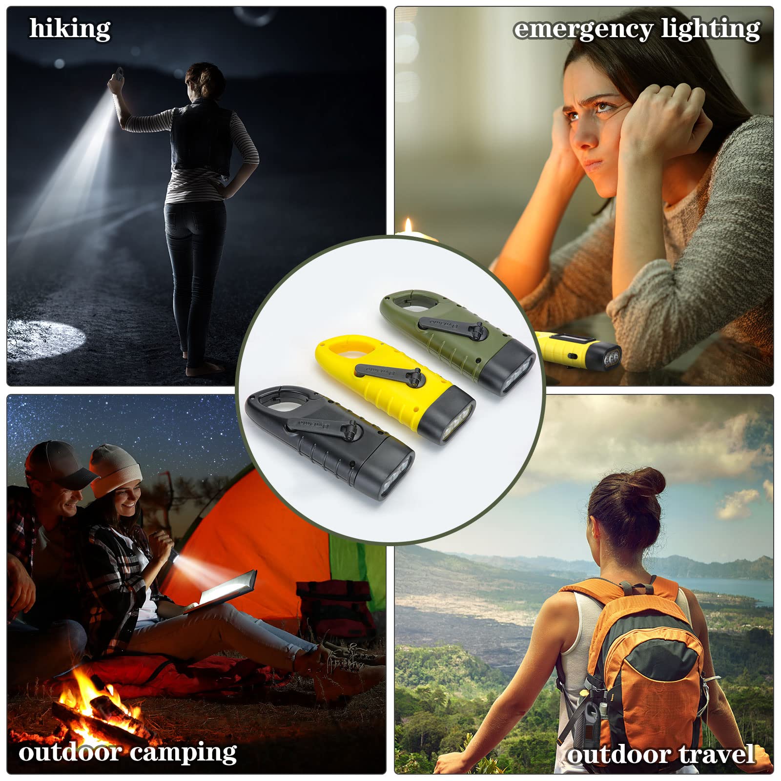 Leelosp 9 Pieces Hand Crank Solar Powered Flashlights, Emergency Rechargeable LED Flashlight Survival Flashlight Gear Self Powered Charging Torch for Outdoor Sports Hiking Camping, Green Yellow Black