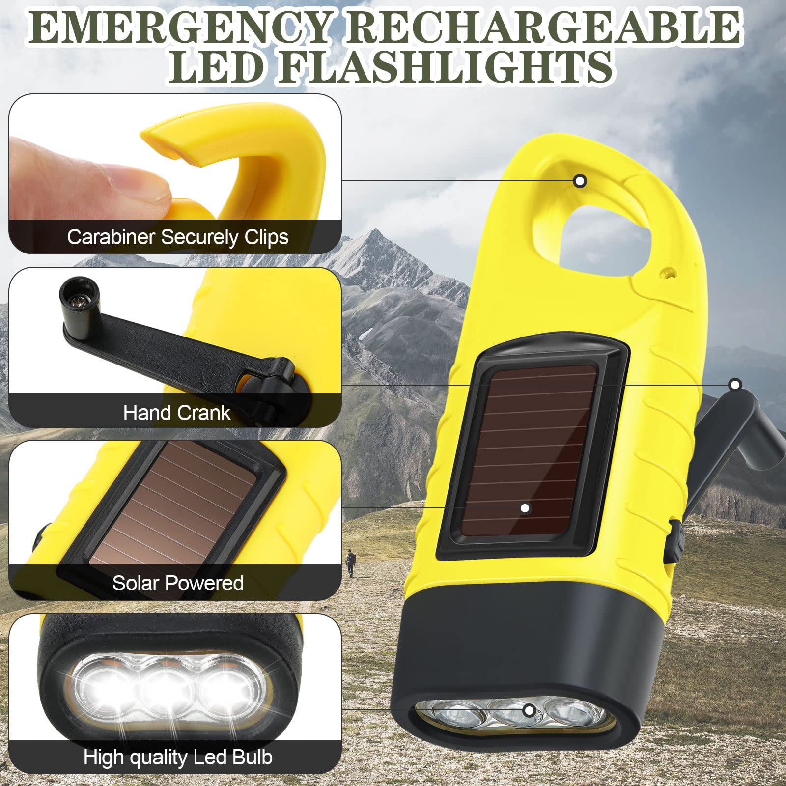 Leelosp 9 Pieces Hand Crank Solar Powered Flashlights, Emergency Rechargeable LED Flashlight Survival Flashlight Gear Self Powered Charging Torch for Outdoor Sports Hiking Camping, Green Yellow Black