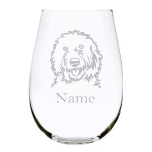 goldendoodle dog themed with name 17 oz. stemless wine glass