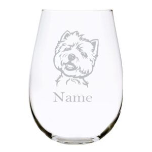 west highland terrier dog themed with name 17 oz. stemless wine glass